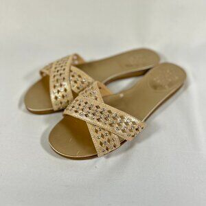 Vince Camuto Endana gold beige bling suede leather slides sandals woman sz 9.5